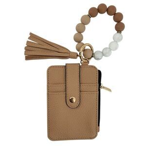 Boho Tassel Wristlet Keychain Wallet • Neutral Beige Card Holder & Pouch